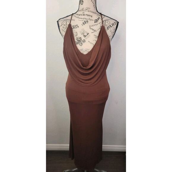 NWT Hello Molly Slip Maxi Dress SZ Small 4 Cowl Neck Backless Chocolate Brown - Picture 2 of 14